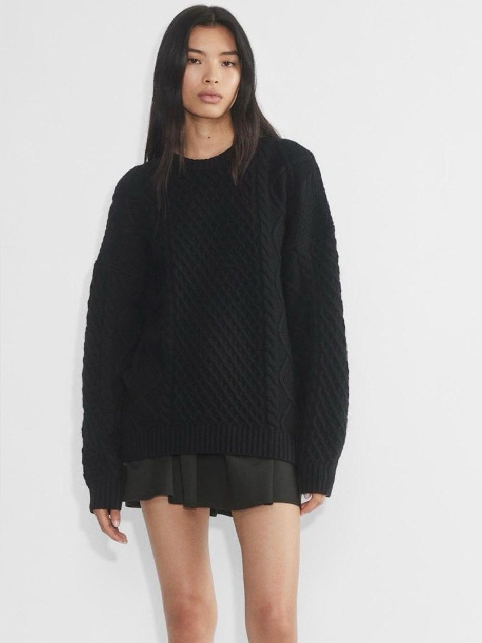 Aritzia Sunday Best Peggy Cable Knit Sweater Black Oversized Wool Blend Xs